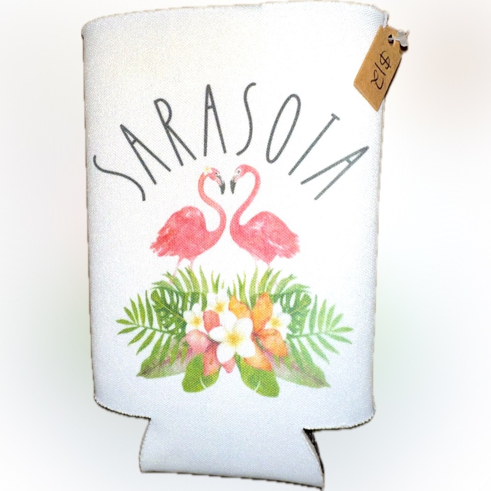 Sarasota Flamingo Can Cooler – Retro Tropical Handmade Drink Sleeve